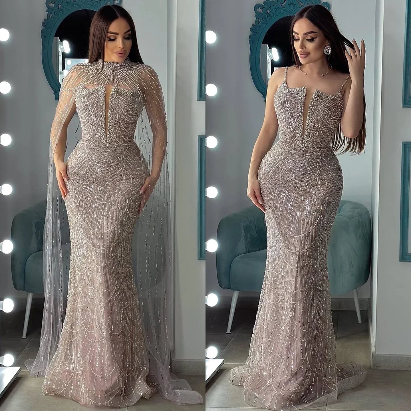 Vestido de noche de lujo con perlas color nude y cola de tul