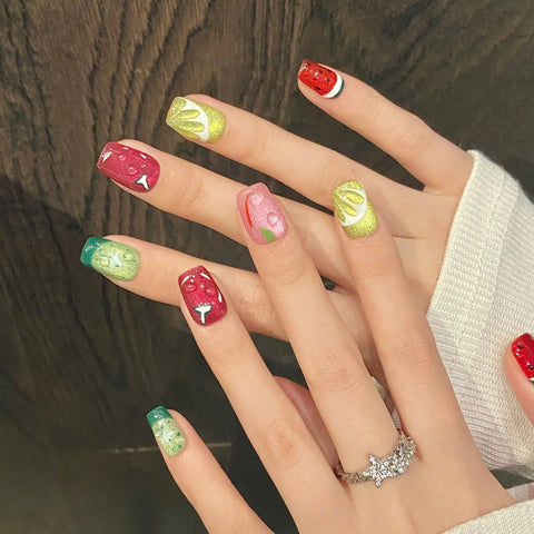 10pcs Summer Colorful Painting Fruit False Nail Tips Handmade Glitter Cat's Eye Press On Nails Hawaii Dopamine Fake Nails
