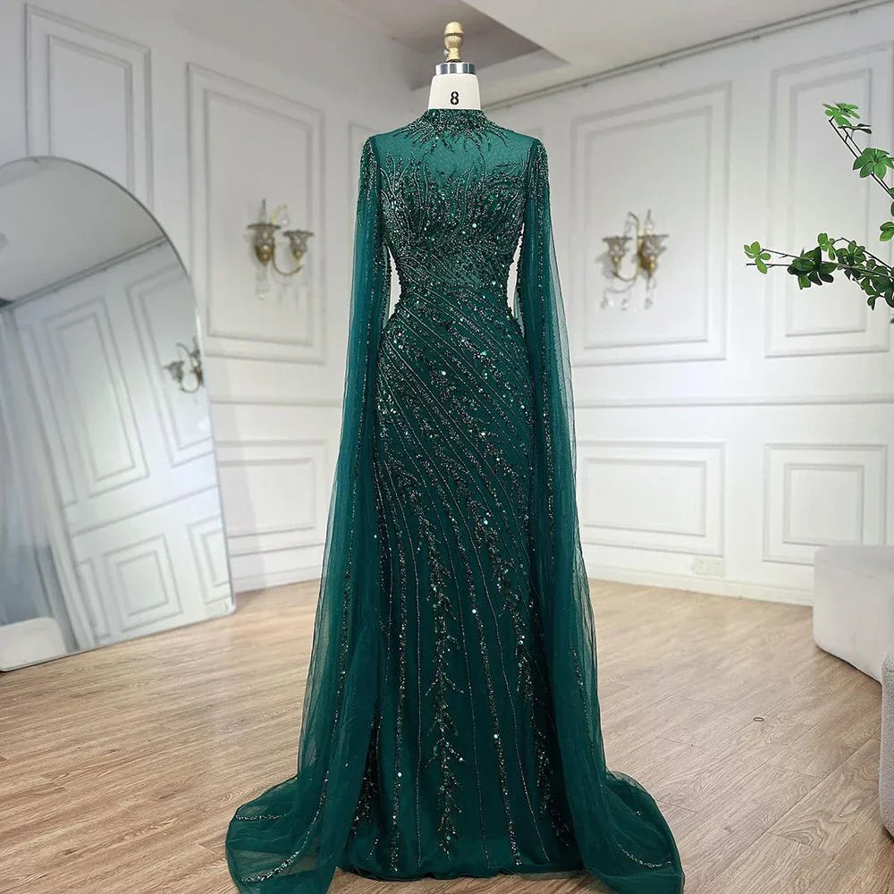 Vestido de Noche de Lujo Nude Estilo Sirena con Mangas de Capa