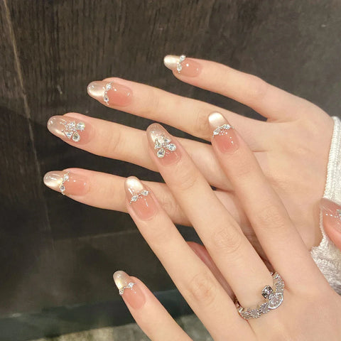 10pcs Flash Cat Eyes Press on Nails with Rhinestone Long Lasting Safe Waterproof False Nails for Shopping Traveling Dating