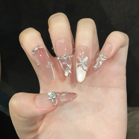 10pcs Handmade Press On Nails Crystal Butterfly Glossy Dimoand Decor False Nail Clear Cat Eye Sweet Pink French Style Fake Nails