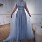 Luxury Elegant Pink Beaded Evening Dress with Cape