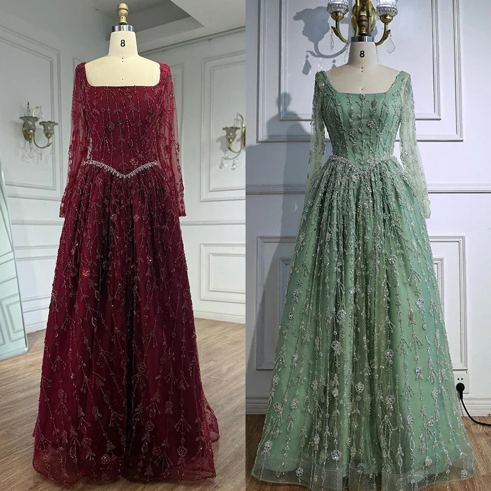 Vestido de Noche de Lujo Color Verde Salvia Bordado con Manga Larga