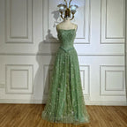Luxury Sage Green Beaded A-Line Spaghetti Strap Evening Dress