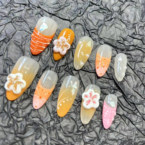 10pcs French Style Handmade False Nails Painted Almond 3D Flowers Decor Press On Nails Orange Wearable Fake Nail Summer Manicure