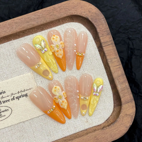 10pcs Vitality Orange French Handmade Press On Nails 3D Carving Egg Flower Designs False Nail Long Ballet Summer Fake Nail Tips