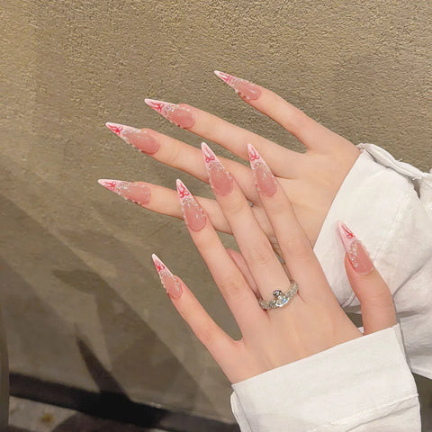 10pcs Handmade Press On Nails Long Pointed Aurora 3D Butterfly Designs False Nail Tips Removable French Style Fake Nail Patches