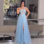 Serene Hill Blaues Spaghettiträger A-Linien One-Shoulder Ballkleid