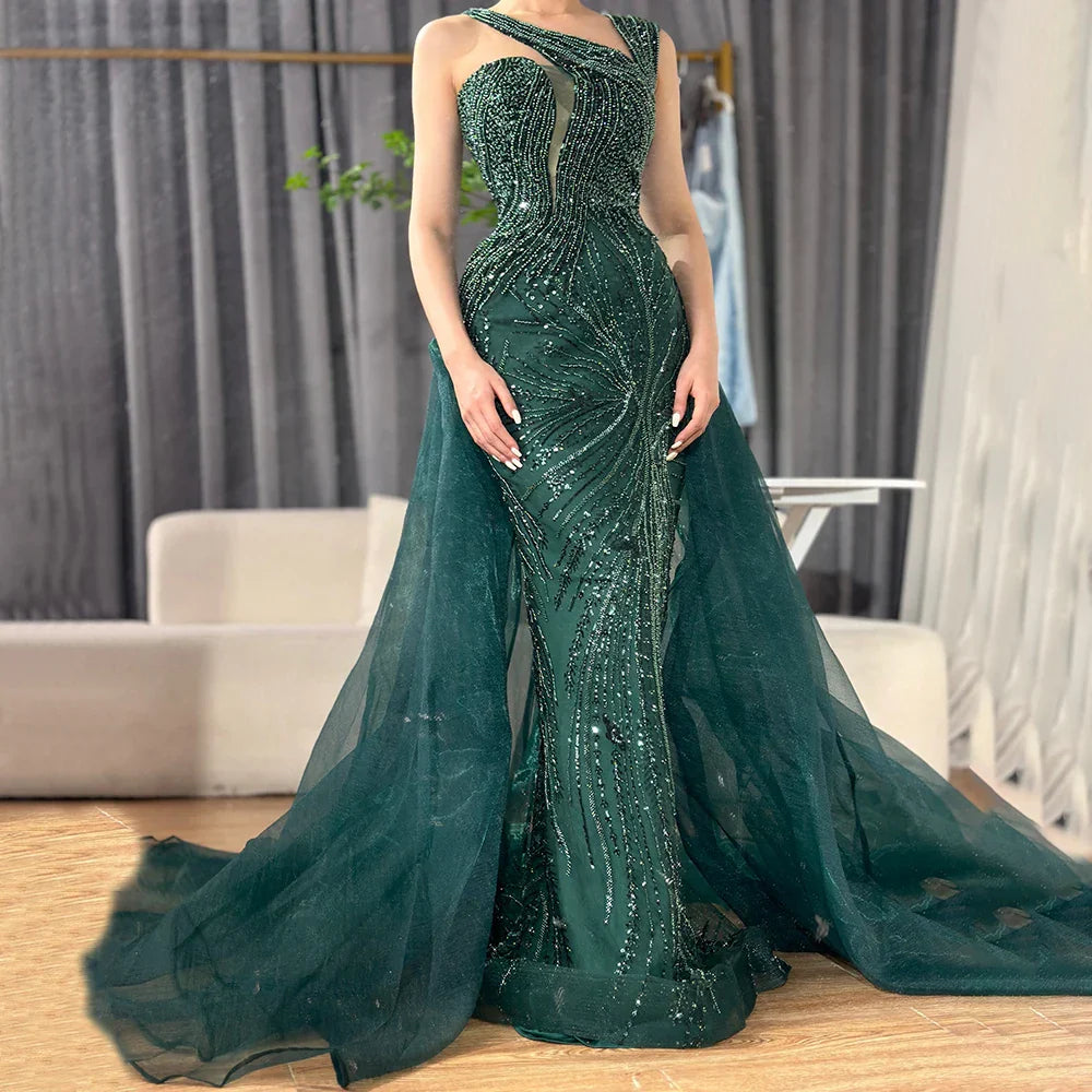Luxuriöses Dubai Nude Meerjungfrau Abendkleid in Grün mit elegantem One-Shoulder-Überrock für formelle Anlässe