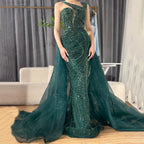 Luxuriöses Dubai Nude Meerjungfrau Abendkleid in Grün mit elegantem One-Shoulder-Überrock für formelle Anlässe