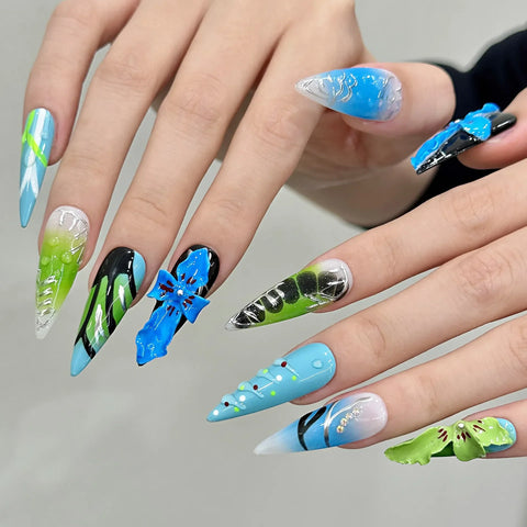 10pcs Sweet Cool Handmade False Nails Y2k Long Stiletto Blue 3D Carved Flower Press On Nails Hawaiian Style Summer Fake Nail