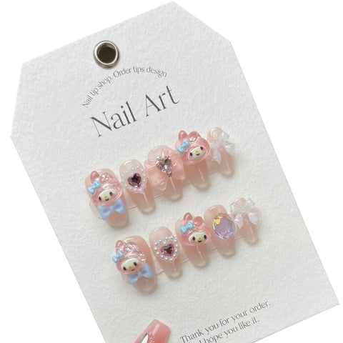 10pcs Handmade Press On Nails Lignt Pink Cute Cartoon Decor False Nail Patches 3D Bows Pearl Designs Korean Fake Nail Tips
