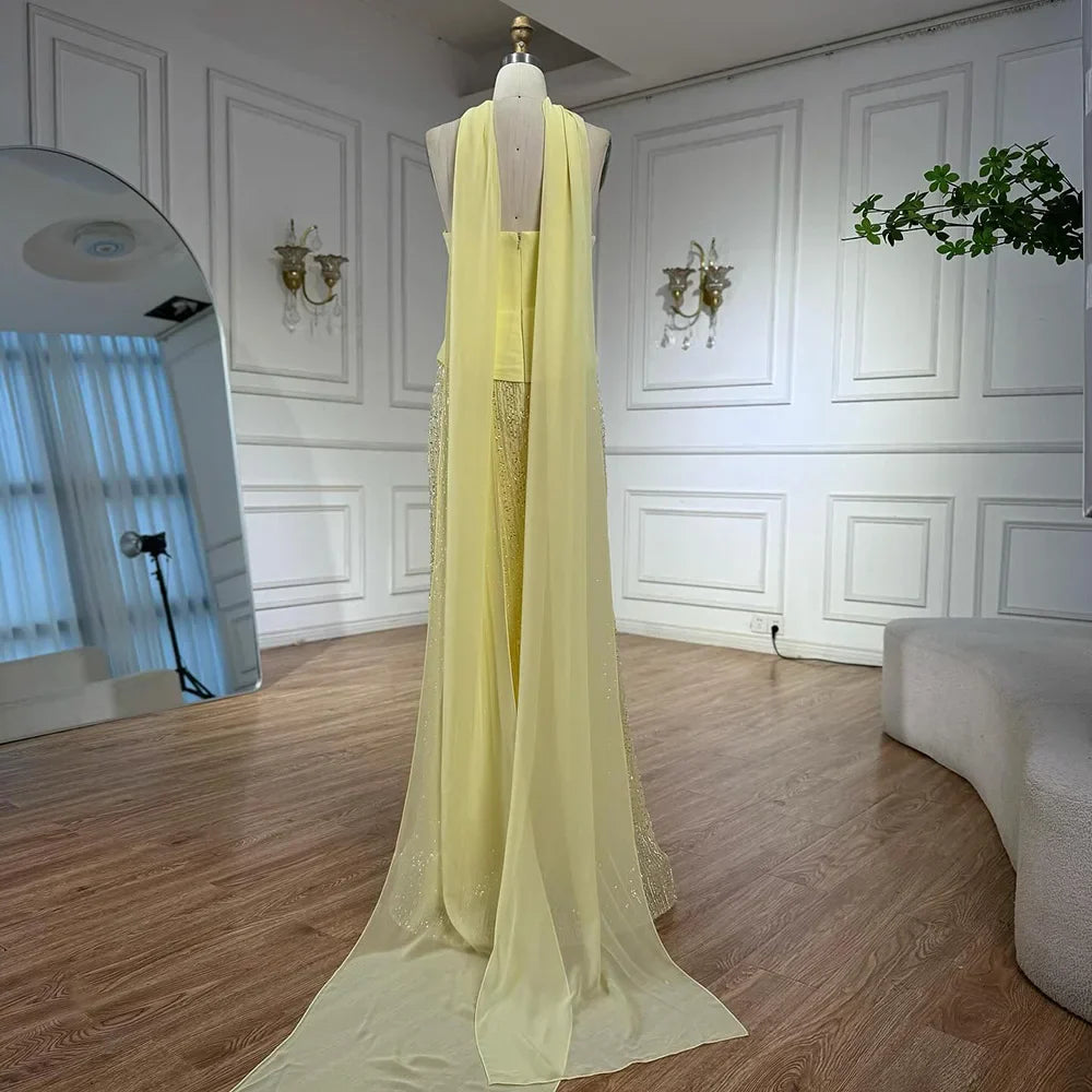 Vestido de noche de sirena de chifón amarillo de lujo con capa LA73007