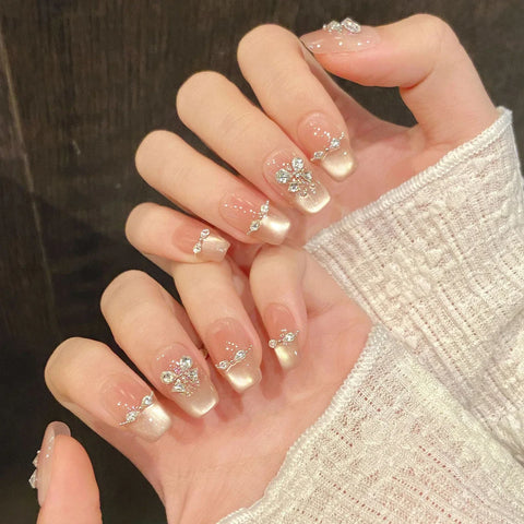 10pcs Flash Cat Eyes Press on Nails with Rhinestone Long Lasting Safe Waterproof False Nails for Shopping Traveling Dating