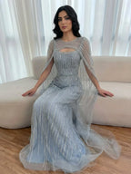 Vestido de Noche de Lujo Azul Diamante con Capa