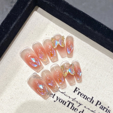 10pcs Spring Dopamine Handmade False Nail Clear Butterfly Flash Gold Pink Powder French Press On Nails Diamond Cat Eye Fake Nail