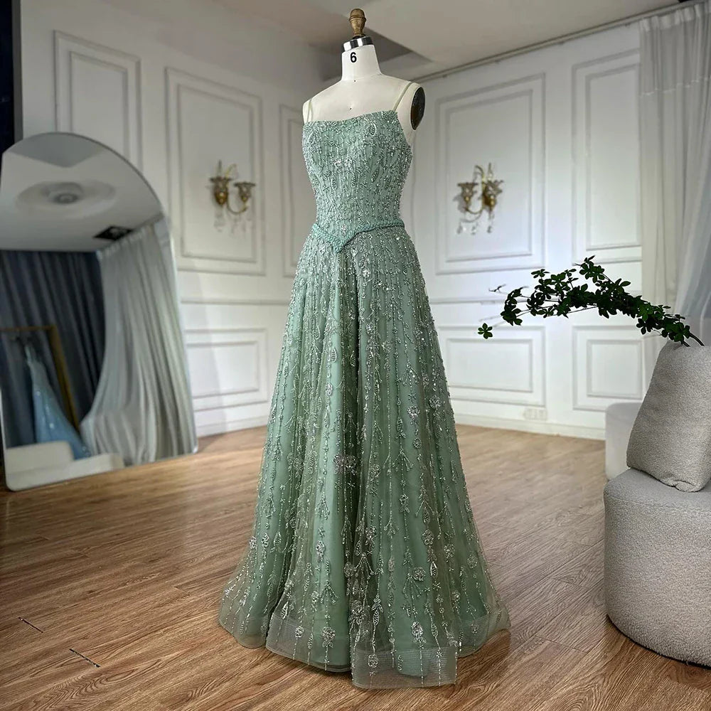 Luxury Sage Green Beaded A-Line Spaghetti Strap Evening Dress
