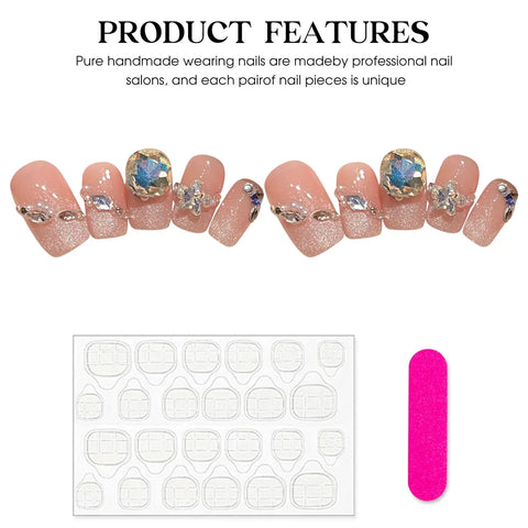 10pcs Sequins Cat's Eye Press On Nails Handmade Pink Fake Nail Patches With Glitter Diamond Designes Reusable French False Nails