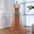 Luxury Nude Mermaid Evening Dress with Cape Sleeves