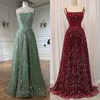 Luxury Sage Green Beaded A-Line Spaghetti Strap Evening Dress