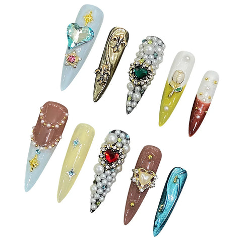 10pcs Handmade French Tips Fake Nails Flash Diamond Heart Pearl Tulip Flower Designs Press On Nails Luxury False Nails For Women