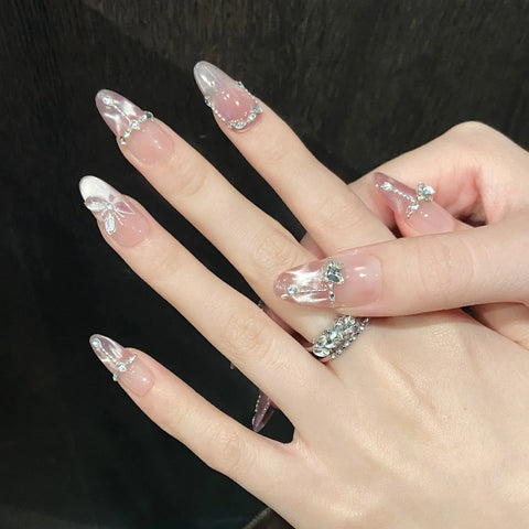 10pcs Handmade Press On Nails Crystal Butterfly Glossy Dimoand Decor False Nail Clear Cat Eye Sweet Pink French Style Fake Nails