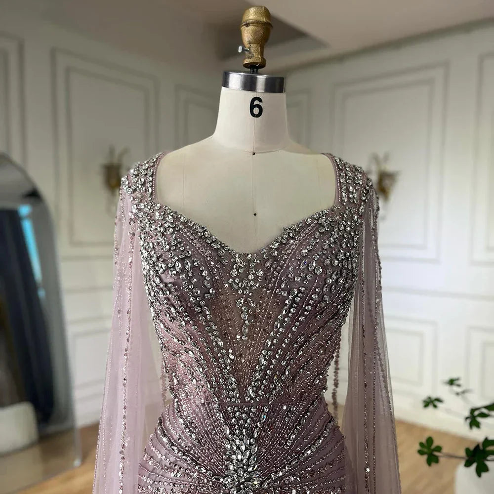 Dubai Luxuriöses Abendkleid mit nackten Cape-Ärmeln und Perlen LA72575A