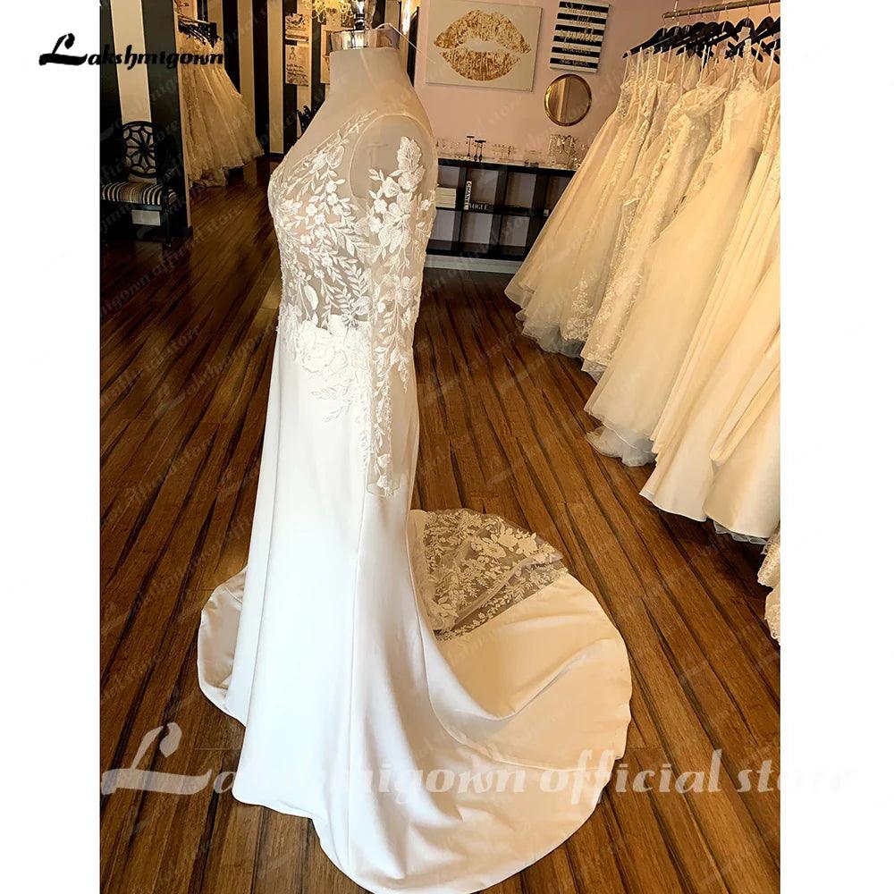 NumberSea - Vestido de novia bohemio de manga larga con encaje vintage 2025, vestido de novia sexy de satén suave con espalda descubierta 