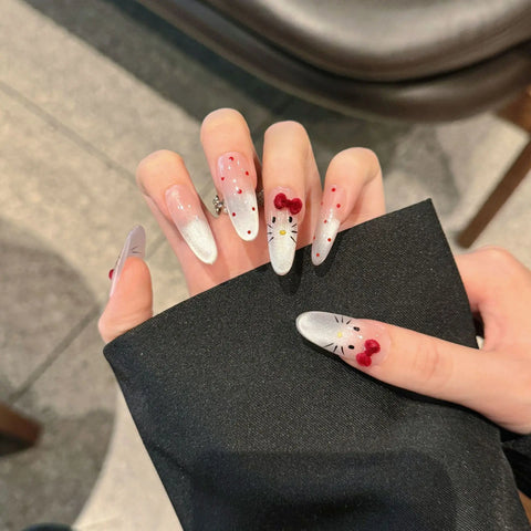 10pcs Hand-painted Cat's Eye Press On Nails Kawaii Cat 3D Bowknots Decor False Nails Glossy Almond Simple Charming Fake Nail Tip