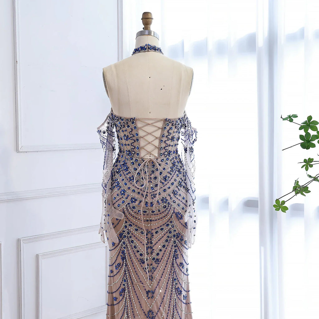 Vestido de noche azul de lujo Kosovo con guantes