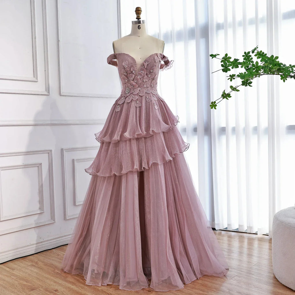 Luxuriöses rosa, verträumtes Abendkleid mit Rüschen und Perlen in A-Linie LA73385
