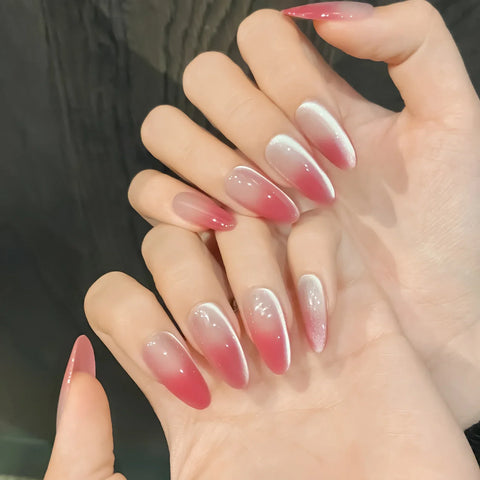 10pcs Gradient Blush Cat's Eye Fake Nail Patches Charming Almond French Style Handmade Press On Nails Ins Simple DIY Manicure