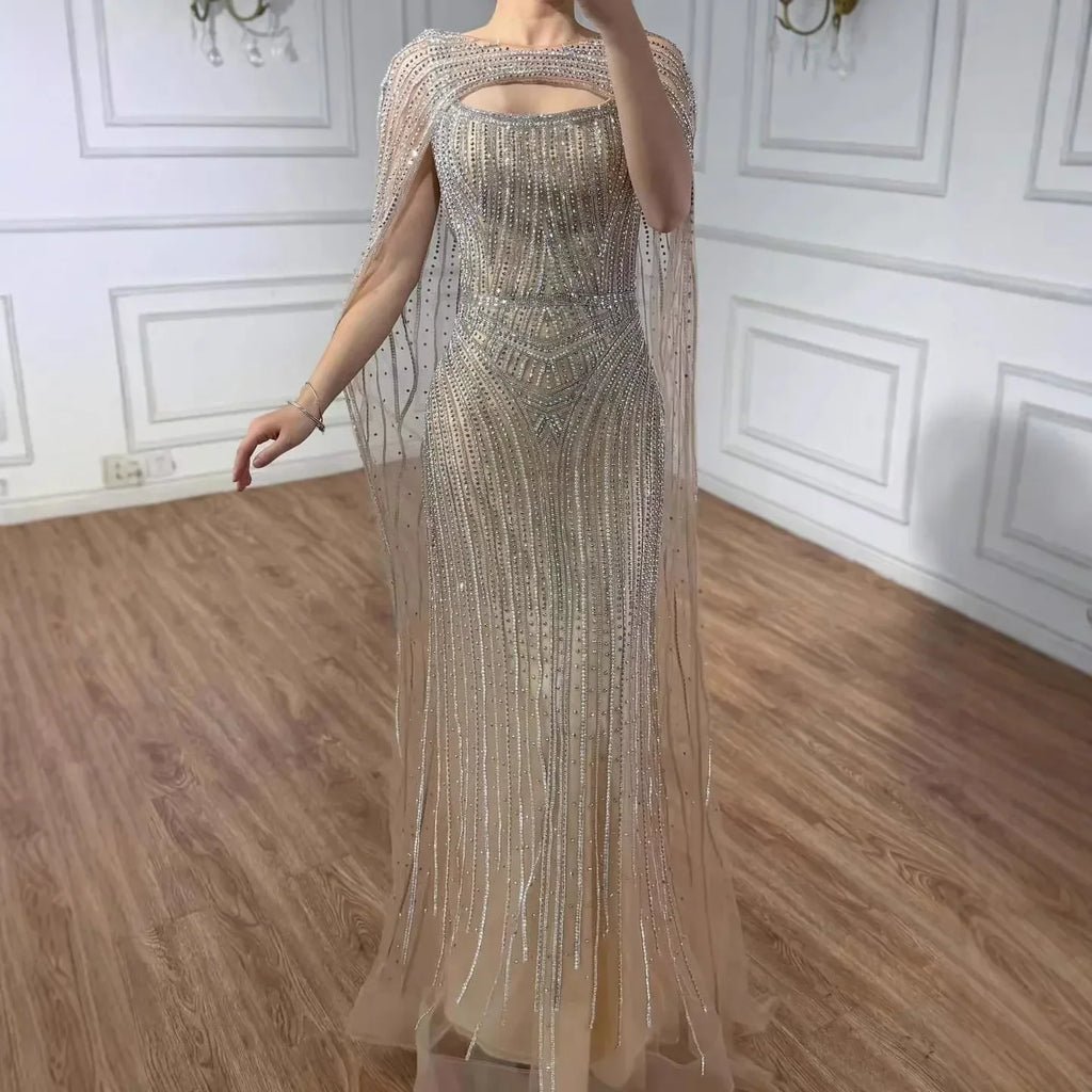 Vestido de Noche de Lujo Azul Diamante con Capa