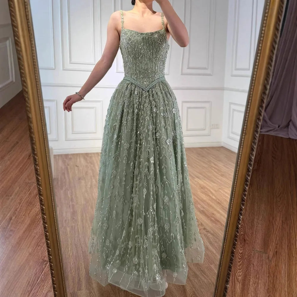 Luxury Sage Green Beaded A-Line Spaghetti Strap Evening Dress