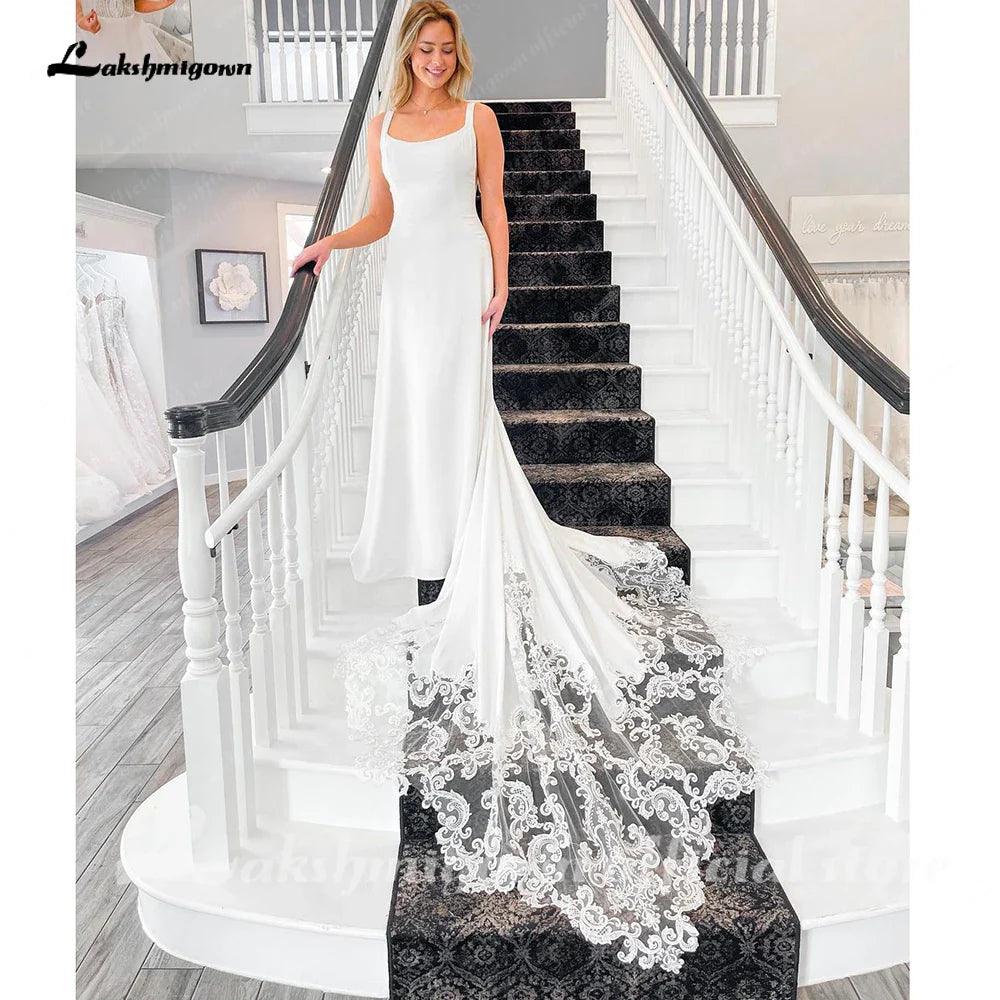 Vestido de novia NumberSea de satén suave para mujer, estilo bohemio, con escote redondo, para playa, 2025 