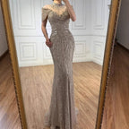 Vestido de Noche de Lujo Color Caramelo Sirena con Cuentas LA73082