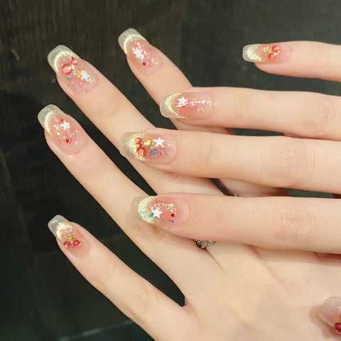 10pcs Sweet Cherry Press On Nails For Women Girls Shiny Smile Cat's Eye Y2k Star Handmade Fake Nails Gentle Blush False Nail