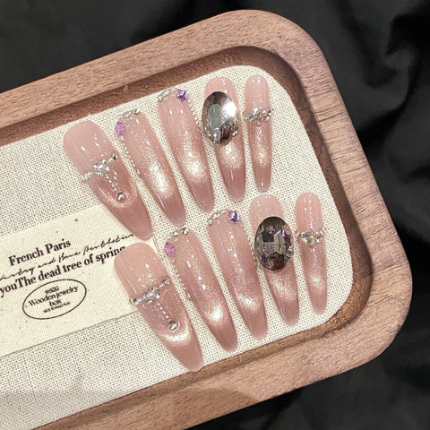 10pcs Handmade Red False Nails Long Stiletto Punk Style Press On Nails Y2k Glossy Diamond Flower Designs Fake Nail Patches