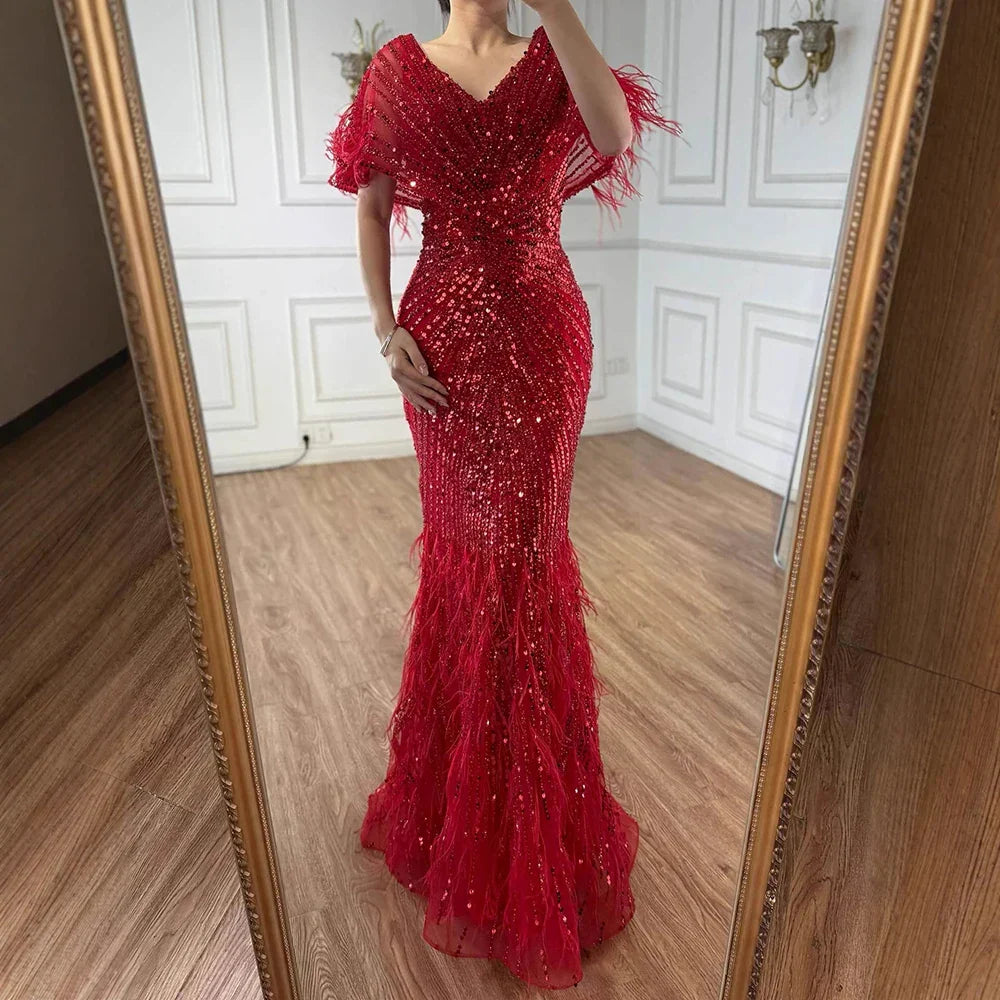 Luxury Arabic Red Mermaid Evening Dress with Feathers Beaded