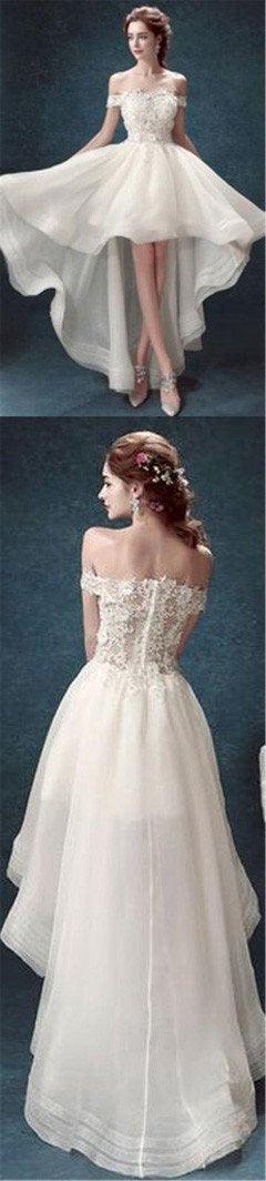 Vestidos de novia económicos NumberSea de organza blanca con hombros descubiertos y corte alto, MW162 