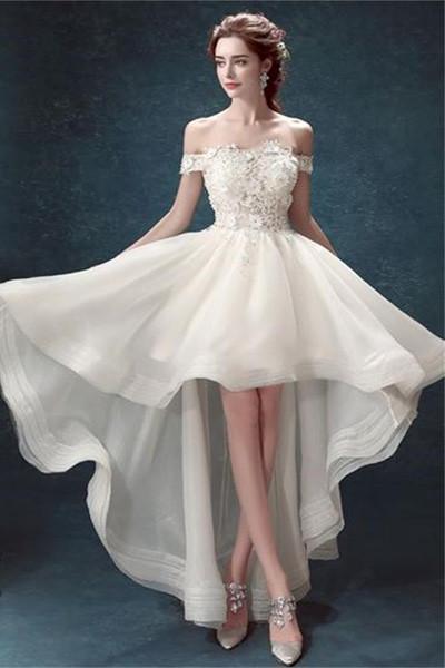 Vestidos de novia económicos NumberSea de organza blanca con hombros descubiertos y corte alto, MW162 