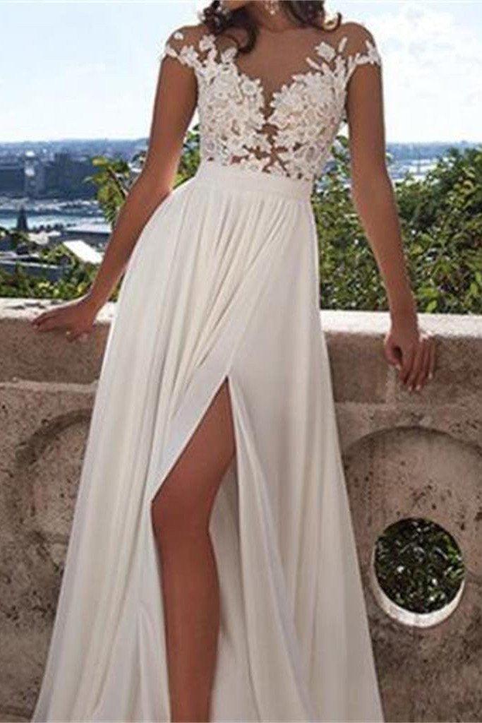 Vestido de novia NumberSea de encaje blanco, corte A, abertura frontal y apliques, MW191 