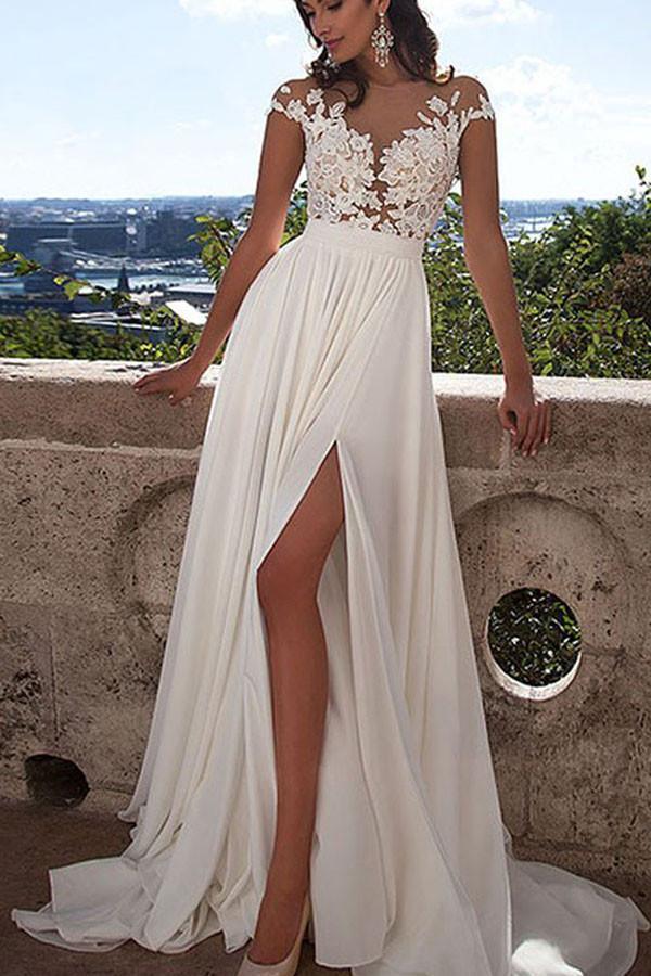 Vestido de novia NumberSea de encaje blanco, corte A, abertura frontal y apliques, MW191 