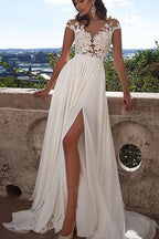 Vestido de novia NumberSea de encaje blanco, corte A, abertura frontal y apliques, MW191 
