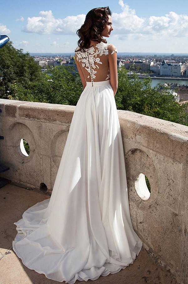 Vestido de novia NumberSea de encaje blanco, corte A, abertura frontal y apliques, MW191 