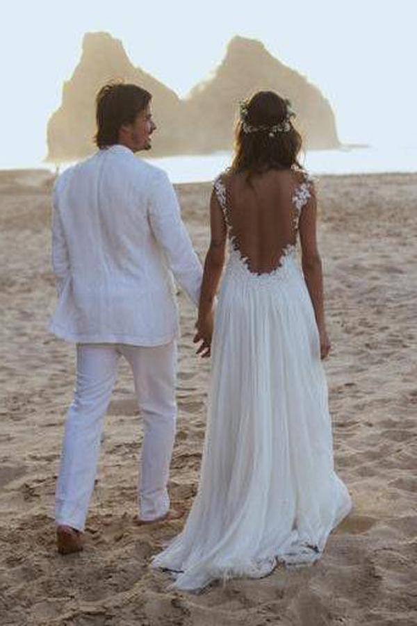 NumberSea Schlichtes weißes Chiffon-Brautkleid mit offenem Rücken, Trägern und Applikationen, A-Linie, MW216 