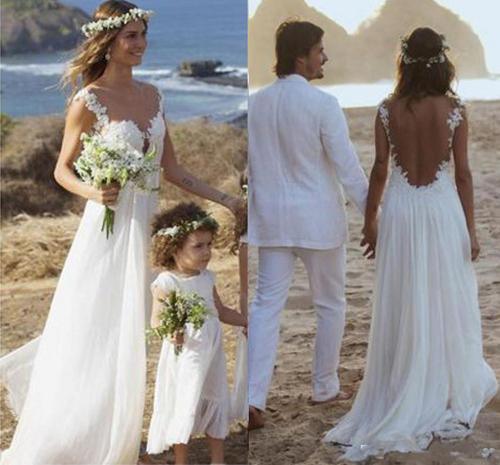 NumberSea Schlichtes weißes Chiffon-Brautkleid mit offenem Rücken, Trägern und Applikationen, A-Linie, MW216 