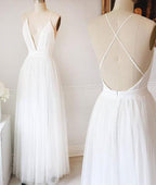 NumberSea NumberSea - Vestidos de novia sencillos de tul blanco con escote en V y corte en A, vestidos largos de fiesta, MW218