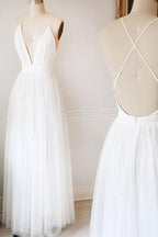 NumberSea NumberSea - Vestidos de novia sencillos de tul blanco con escote en V y corte en A, vestidos largos de fiesta, MW218