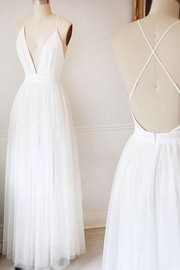 NumberSea NumberSea - Vestidos de novia sencillos de tul blanco con escote en V y corte en A, vestidos largos de fiesta, MW218